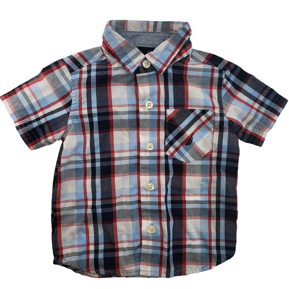 Nautica Kids Red White Blue Plaid Short Sleeve Button Down Shirt 6/9M N030C10Q